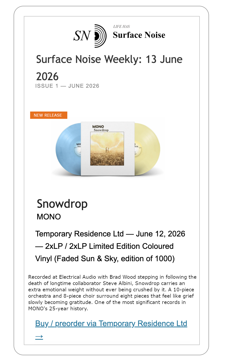 A Surface Noise newsletter entry for MONO's Snowdrop on limited coloured 2xLP, with a link to preorder direct from Temporary Residence
