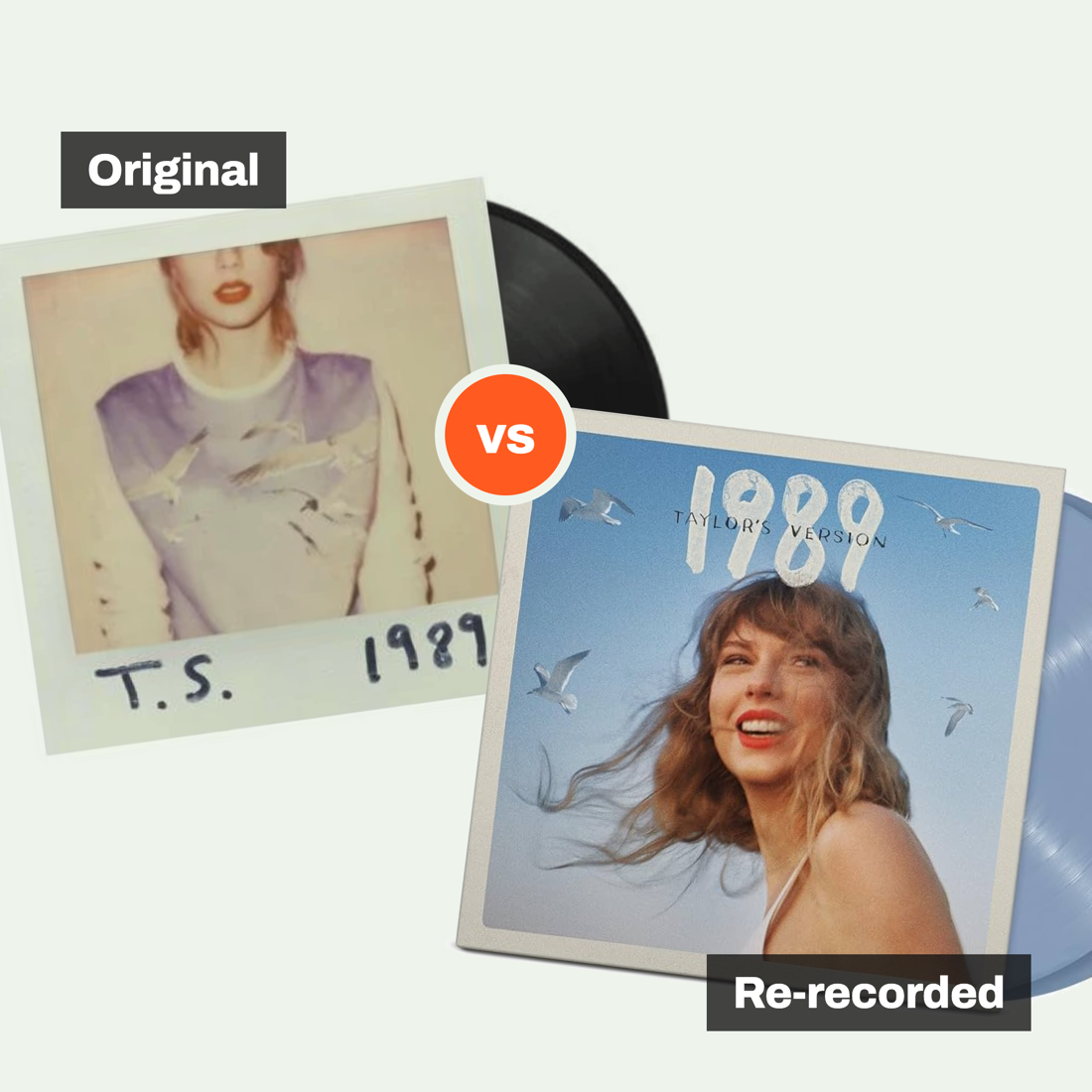 Taylor Swift's 1989 original vinyl beside 1989 (Taylor's Version), the re-recording