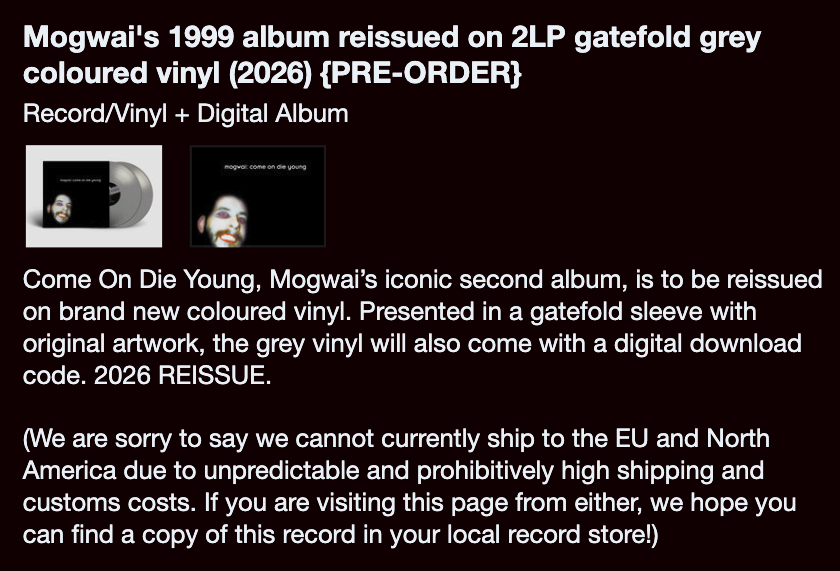 Mogwai's store page for the 2026 reissue of Come On Die Young, with a notice about shipping to the EU and North America