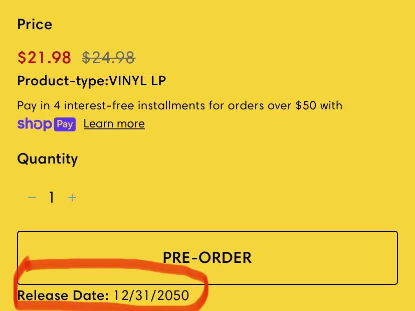 A vinyl pre-order listing showing a placeholder release date of 31 December 2050.